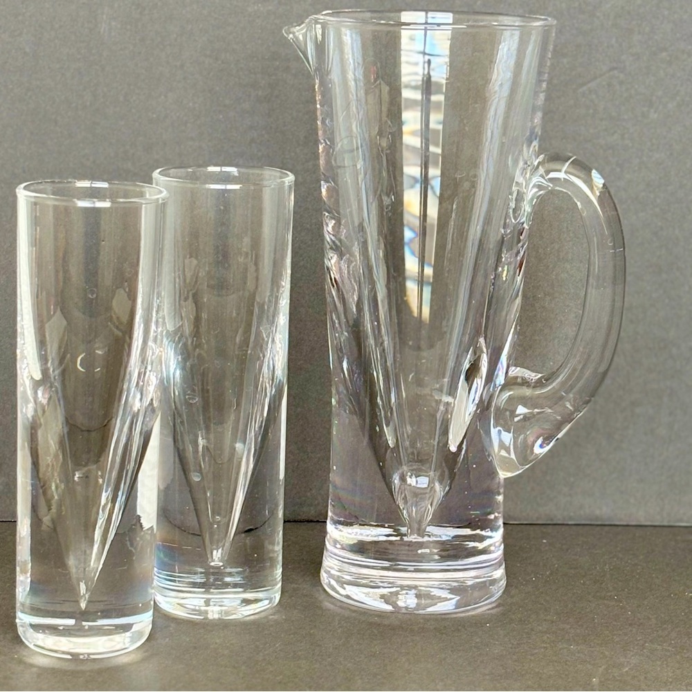 Narrow Hand Blown Glasses or Vases Set of 2 With Pitcher Modern Sleek Gump Like